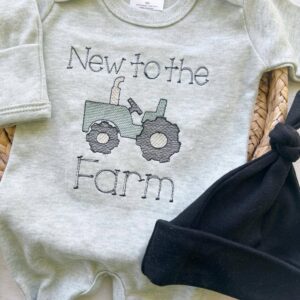 Wonderfully Made - Baby Sage Romper | Baby Boy Outfit - Tractor New To The Farm