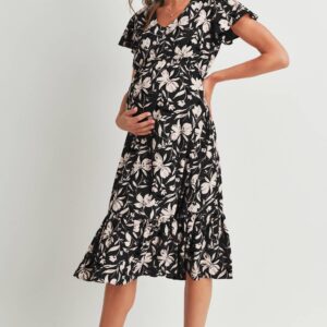 Hello Miz - Floral Flutter Sleeve Maternity V-Neck Midi Dress