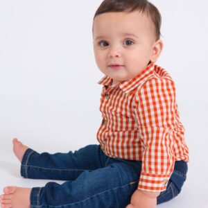 RuffleButts + RuggedButts - Baby Boys Classic Rust Gingham Long Sleeve Button Down Bodysuit