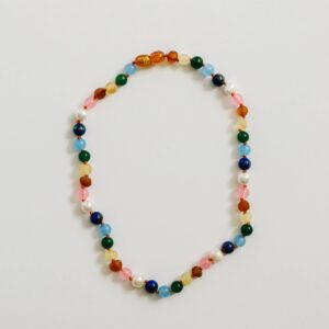 CanyonLeaf - Raw Baltic Amber and Pearl Necklace + Sweet Pink Gemstones